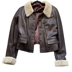 Tahari Shearling Aviator Jacket Women Size‎ S-M Brown Genuine Leather & Lamb Fur